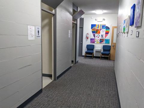 Classroom hallway with bathrooms