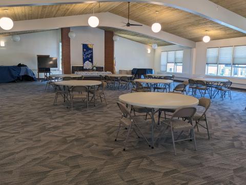 Fellowship Hall set up with round tables