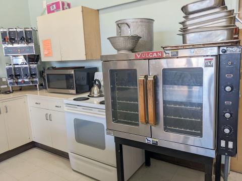 Fellowship Hall kitchen oven, stove, microwave, and coffee makers