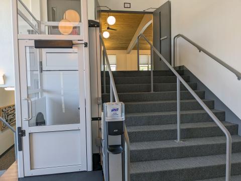 Lift and stairs to access Fellowship Hall